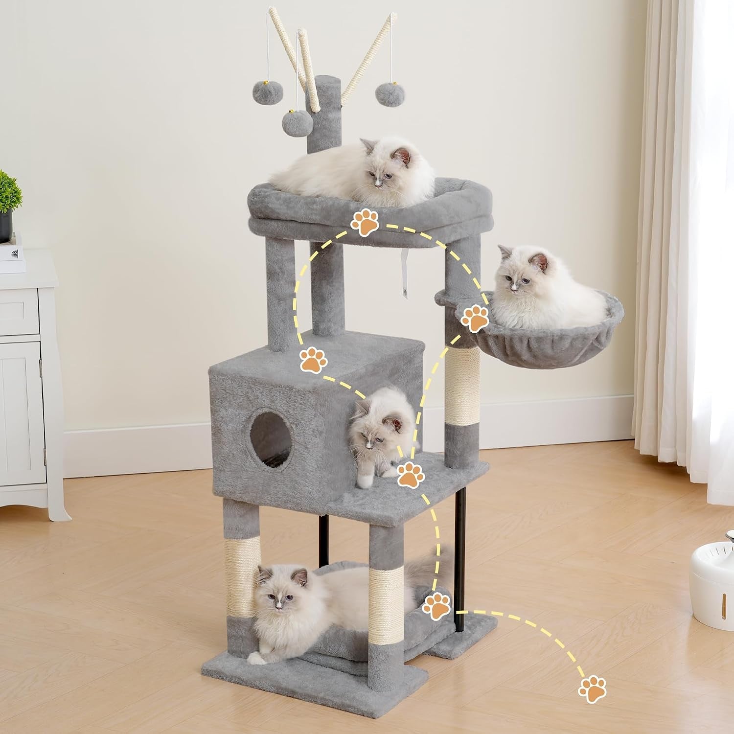 heybly-cat-tree-45-3-inch-cat-tower-for-indoor-cats-with-large-perch-all-in-one-cat-furniture-with-cozy-bed-hidden-space-cat-condo-comfy-hammock-scratching-posts-3-pompoms-light-gray-hct202sw