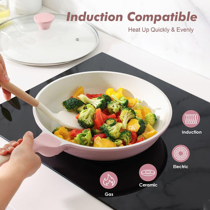 8Inch Nonstick Ceramic Frying Pan with Lid, PFAS/PTFE Free, Pink | Ceramic Omelette Pan Skillet, Healthy Non-Toxic Chef'S Pan, Induction Compatible Pan, Heat Resistant Handle4