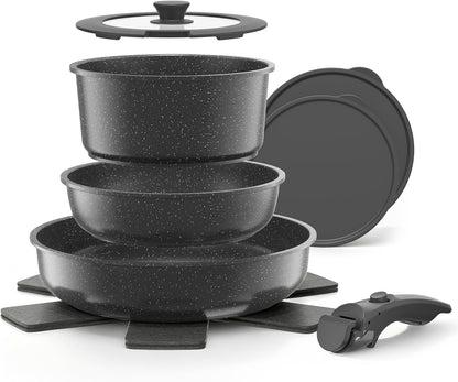 9Pcs Granite Nonstick Pots and Pans Set, Stackable, Oven Safe | Non-Toxic Cookware Set with Detachable Handle for Rvs, Camping, Pfos/Pfoa-Free Induction Compatible1