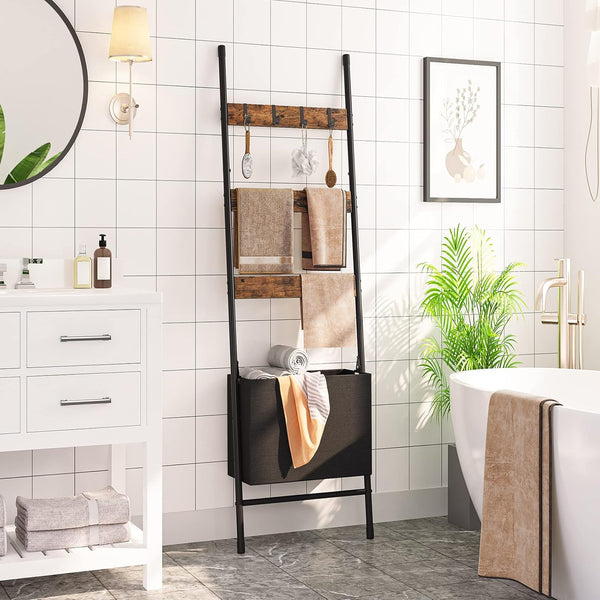 Blanket Ladder with Basket, 17.3”L X 63.4”H, Towel Rack with Hooks, Blanket Holder Rack, Decorative Ladder Shelf, Drying and Display Rack for Bathroom, Living Room, Rustic Brown BF31CJ013