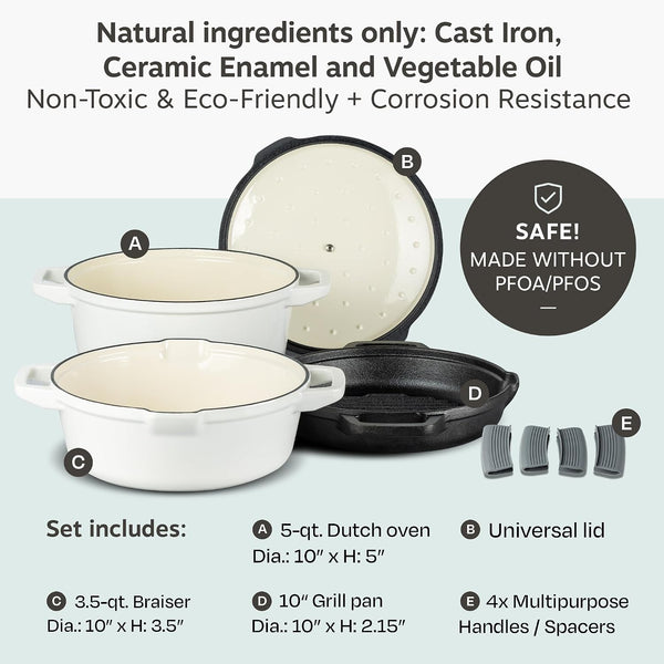 5Pc Stackable Cast Iron Cookware Set, Versatile Enamel Dutch Oven, Seasoned Grill Pan & Enamel Braiser with Precision Pour Spouts, Universal Lid, Included Spacers/Handle Holders, White Dutch5