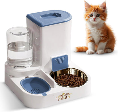 Automatic Cat Feeder & Water Dispenser – Gravity Cat Feeding Station with Stainless Steel Bowl, 2.2L Food & 1L Water Capacity, Automatic Pet Feeder for Cats & Small Dogs (Blue)2