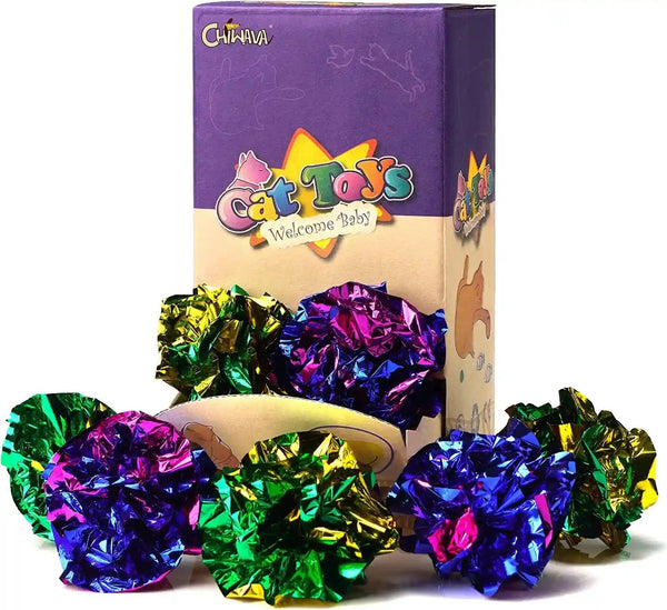 CHIWAVA 45PCS 1.6'' Mylar Cat Toy Ball Kitten Shiny Crinkle Crackle Balls | Interactive Indoor Lightweight Play Activity Chase Toys, Assorted Color10