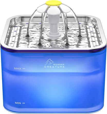 Wonder Creature Crystal Cat Water Fountain Stainless Steel Lid, 101Oz/3L | Pet Fountain with Transparent Base, Quiet Pump, LED Indicator Light, Triple Filtration, 3 Flow Modes for Cats and Dogs1