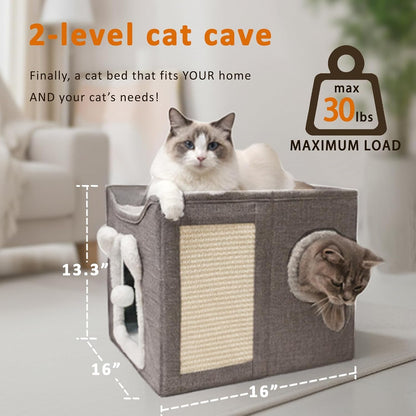Cat Houses for Indoor Cats, Large Cats Bed Cave, Kitten Cube Box,Cat Condo with Scratching Pad, Hanging Fluffy Ball & Peekaboo Window, Foldable Hideaway Hand-Washable(16X16X13.3 Inches,Grey)6