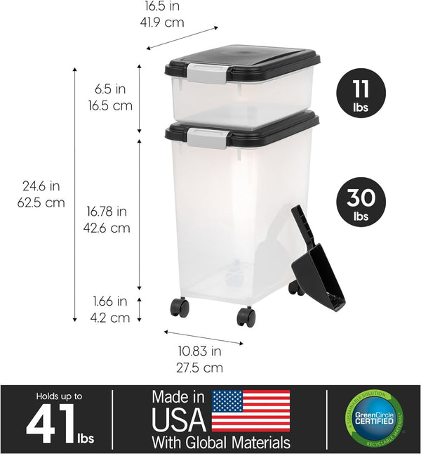 IRIS USA Dog Food Storage Container 30 Lb + 11Lb Airtight Combo, Stackable Pet Food Storage Bin with Wheels for Cat Dog Food, BPA Free, Made in USA, Black | Stackable Pet Food Plastic Storage Bins with Wheels for Cat and Dog Food, Made in USA3