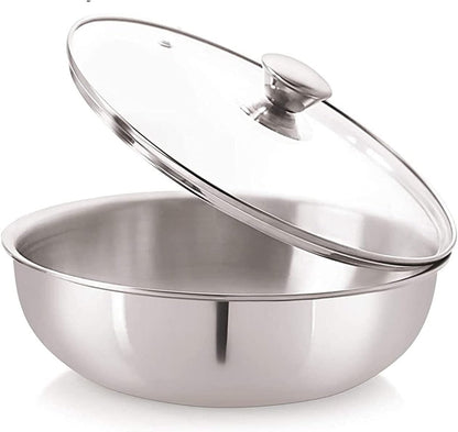 SRIYUG Stainless Steel Tasla Low Wok without Handle Stainless Steel Triply Induction Base Deep Kadai Steel Aluminum Tasla with Glass Lid3