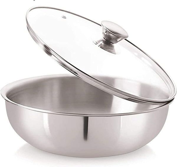 SRIYUG Stainless Steel Tasla Low Wok without Handle Stainless Steel Triply Induction Base Deep Kadai Steel Aluminum Tasla with Glass Lid3
