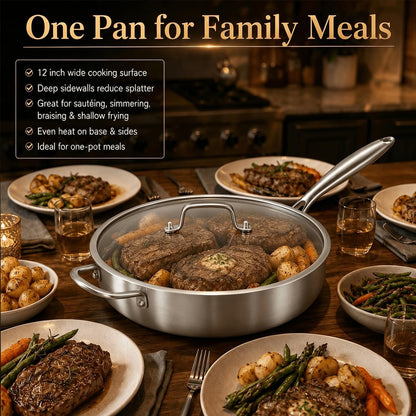 Tri-Ply Stainless Steel Frying Pan,12 Inch Skillet with Lid,6 Quart Saute Pan,Compatible with All Cooktops,Oven up to 660℉,Chicken Fryer,Dishwasher-Friendly8