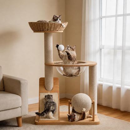 Modern Wooden Cat Tree for Indoor Cats, Furniture Style Cat Tower with Handwoven Basket and Soft Cushion, Acrylic Space Capsule, Sisal Scratching Posts & Interactive Play Ball, 38" Cat Condo1