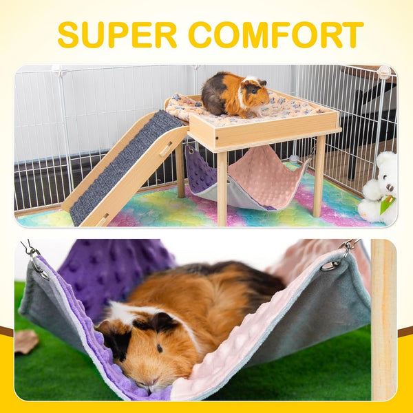 BESNEW Enlarged Guinea Pig Hammock with Platform and Stairs,Wooden Small Animal Hideout for Guinea Pigs Bunny Ferret Hamster Hiding Sleeping Activities(Single)3