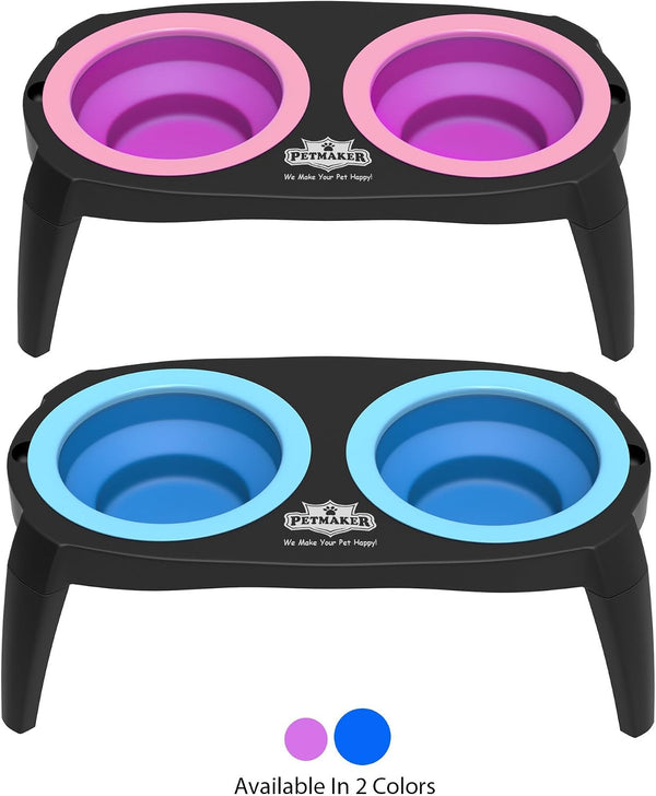 Elevated Pet Bowls Collection with Non Slip Stand for Dogs and Cats-Removeable and Collapsible Silicone Feeder for Food and Water- 16 Oz Each by PETMAKER (Pink), Blue6