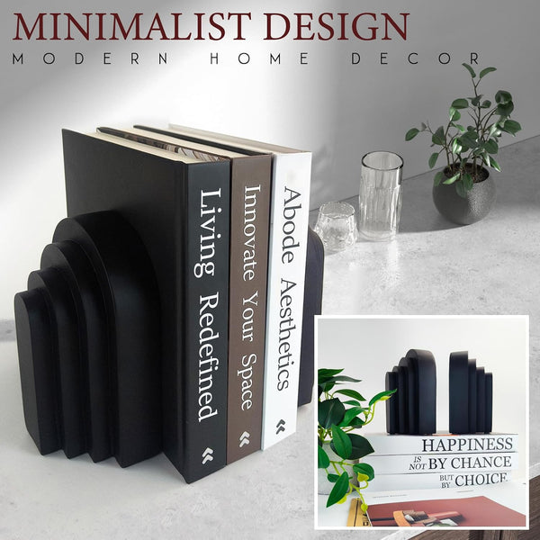 Book Ends for Heavy Books, Resin Decorative Bookends, Heavy Duty Bookend for Shelves, Book Stopper for Shelves, Modern Home Decor Aesthetic Book Ends, Layered Arch Design Set of 2(Matte Black)7