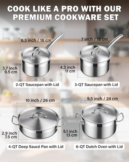 Professional Cookware Set, Stainless Steel Pots Kitchen Set Includes Saucepans, Sauté Pan, Dutch Oven with Lids - Induction Compatible, 8-Piece2