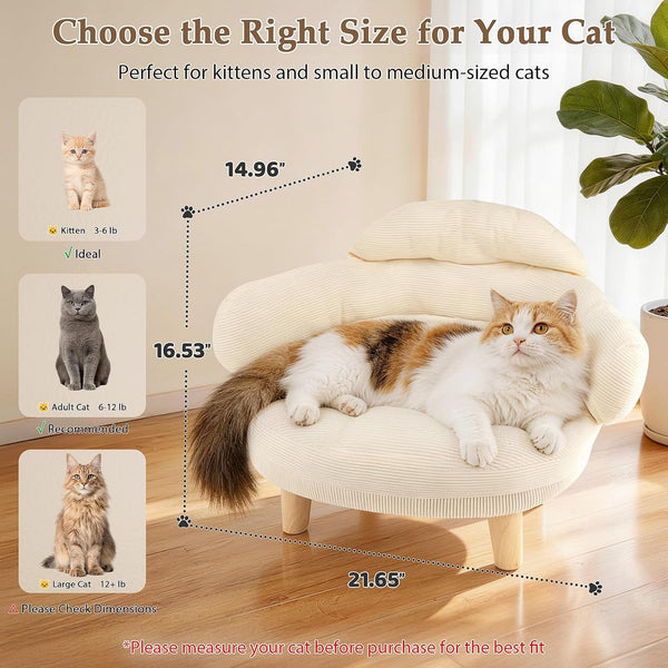 Cat Sofa Furniture-Style Pet Bed with Removable Cotton Velvet Cover, Solid Pine Wood Legs, for Cats and Small Dogs, White3