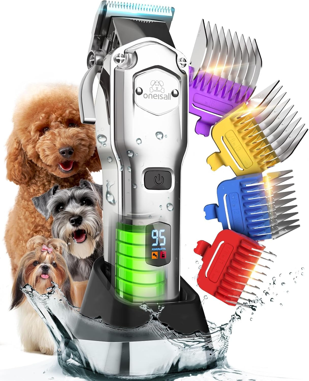 oneisall-dog-clippers-for-grooming-thick-heavy-coats-low-noise-rechargeable-cordless-detachable-stainless-steel-blade-ipx7-waterproof-10-guide-combs-for-thick-double-curly-hair