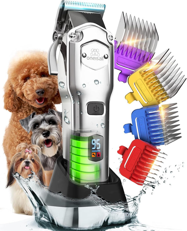 Oneisall Dog Clippers for Grooming Thick Heavy Coats | Low Noise,Rechargeable Cordless,Detachable Stainless Steel Blade,Ipx7 Waterproof,10 Guide Combs,For Thick/Double/Curly Hair10
