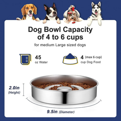 AIPERRO Stainless Steel Non Slip Slow Feeder Dog Bowl, 4 Cups Metal Dog Food Bowls for Medium and Large Dogs, Fun Bloat Stop Pet Bowl Dogs Water Bowl for Fast Eaters, Slows down Pets Eating4