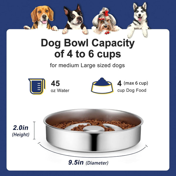 AIPERRO Stainless Steel Non Slip Slow Feeder Dog Bowl, 4 Cups Metal Dog Food Bowls for Medium and Large Dogs, Fun Bloat Stop Pet Bowl Dogs Water Bowl for Fast Eaters, Slows down Pets Eating4