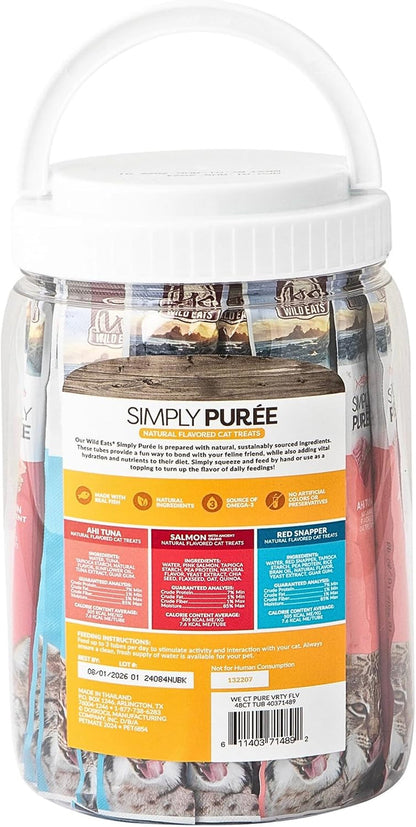 Wild Eats Simply Puree Variety Pack Cat Treats Tub, 48 Servings, Grain Free | All Natural High Protein Recipe, No Artificial Additives, Smooth Lickable Texture, Easy Individual Portions for Happy Felines2
