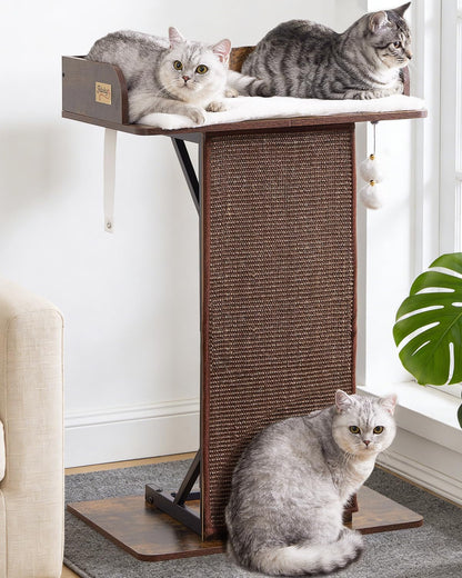 Modern Wood Cat Tree Tower for Indoor Large Adult Cats with Big Perch Bed | 33.8In Tall Wooden Cat Trees with Platform, Cat Scratching Pads, Washable Cushions, Cat Furniture for Window, Rustic Brown1