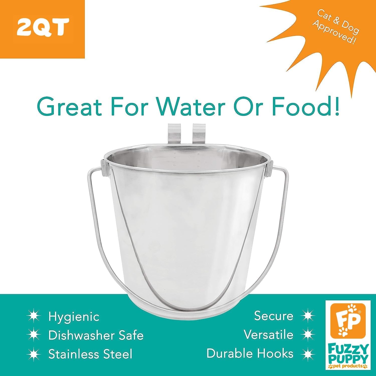 fuzzy-puppy-flat-sided-pail-with-dual-hooks-snugly-fit-on-dog-cat-and-critter-crates-cages-heavy-duty-stainless-steel-2-quart-pn-fsp-2