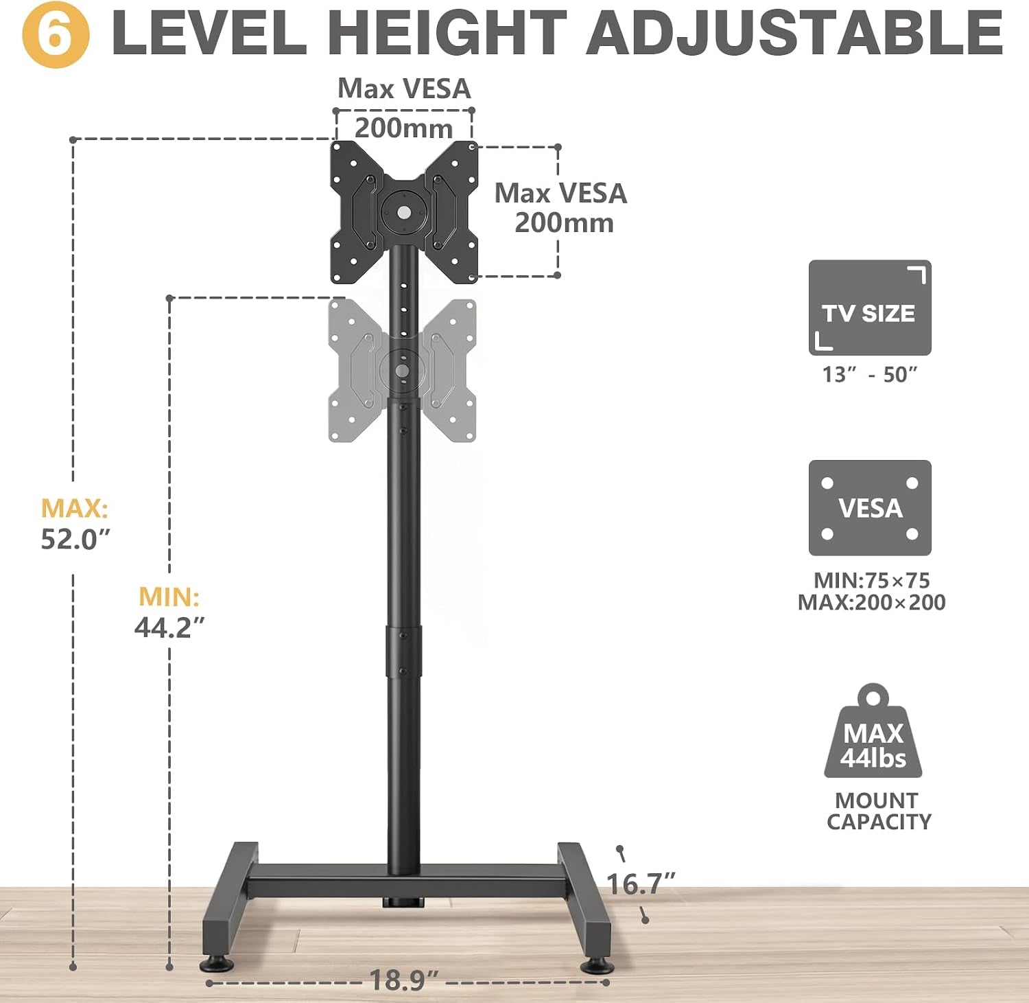 tv-floor-stand-for-13-50-inch-lcd-led-flat-curved-panel-screen-tvs-up-to-44-lbs-height-adjustable-tv-stand-mount-with-vesa-200x200-portable-tv-stand-for-bedroom-dorm-room-office-tilting-and-rotating-mount-portrait-to-landscape-height-adjustable-portable-tv-stand-for-bedroom-dorm-room-office