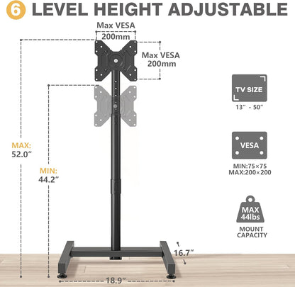 TV Floor Stand for 13-50 Inch LCD LED Flat/Curved Panel Screen Tvs up to 44 Lbs, Height Adjustable TV Stand Mount with VESA 200X200, Portable TV Stand for Bedroom, Dorm Room, Office | Tilting and Rotating Mount, Portrait to Landscape, Height Adjustable Portable TV Stand for Bedroom, Dorm Room, Office5