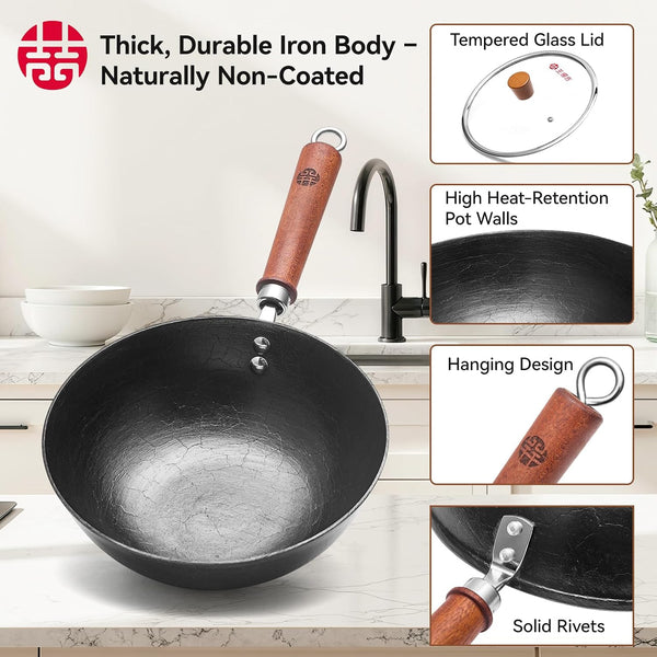 9.5 Inch Small Cast Iron Wok with Lid - Handcrafted Tortoise Shell Texture Uncoated Stir Fry Pan, Flat Bottom Wok for Electric, Induction & Gas Stoves, 2.5 Quart (Requires Seasoning)3