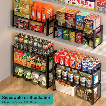 2 Pack Expandable Cabinet Organizer Shelves, 88Lbs High Weight Capacity, Stackable Heavy-Duty Metal Storage Rack, Adjustable Cabinet Shelf for Kitchen, Pantry, Cupboard, under Sink, Black4