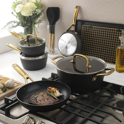 Oster Platinum Abbottsford 16 Piece Aluminum Pots and Pans PFA Free Ceramic Non Stick Induction Kitchen Cookware Set - Black W/Gold8