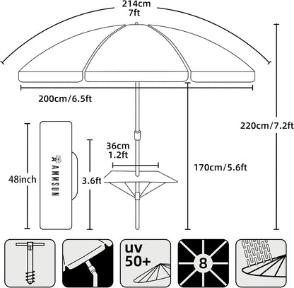 7Ft Heavy Duty High Wind Beach Umbrella with Sand Anchor, Built-In Table Tray Vent Tilt Pole, UPF 50+ Windproof Portable Outdoor Umbrellas Carry Bag for Patio Garden Pool Backyard Stripe9