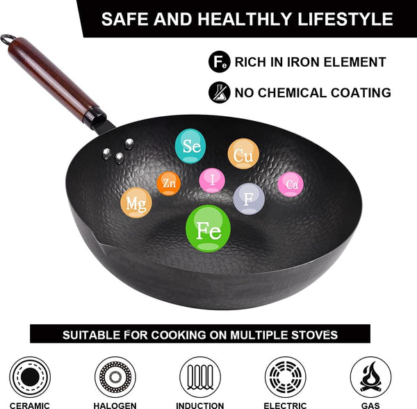 12.8" Carbon Steel Wok,11 Pcs Woks & Stir Fry Pans Wok Pan with Lid | Pre-Seasoned No Chemical Coated Chinese Pan with 10 Cookware Accessories, Flat Bottom Woks for Electric, Induction,Gas Stoves3