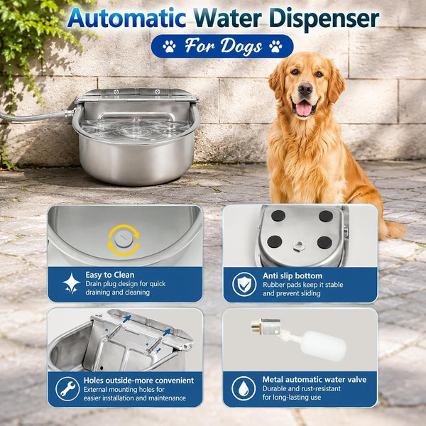 BWOGUE Automatic Water Dispenser for Dogs,1Gal Outdoor Automatic Water Bowl | Outdoor Dog Water Dispenser with Float Valve, Stainless Steel Bowl, 1/2 in & 3/4 in Faucet Fit, Wall/Ground Use,Dogs,Chickens4