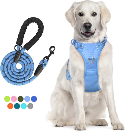 Poypet No Pull Dog Harness and 5 Feet Leash Set, Release on Neck Reflective Adjustable Pet Vest, Front & Back 2 D-Ring and Soft Padded Pet Harness with Handle for Small to Large Dogs(Grey,L)10