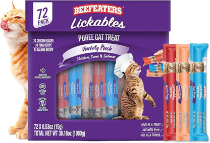 Beefeaters Lickable Cat Treats 48 Count – Puree Squeeze up Tubes Variety Pack (Salmon, Tuna & Chicken) | Grain Free, Taurine Enriched, High Moisture for Picky Eaters | Cat Treat Topper or Snack15