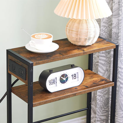 Small Narrow Side Table with Charging Station, Skinny End Table for Small Spaces, Slim Nightstand with USB Ports Outlet, Sofa beside Table with Storage Shelf, Rustic Brown and Black BF102UBZ017