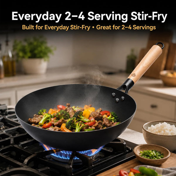 12.6 Inch Carbon Steel Wok Pan with Glass Lid and Spatula, Nitrided Flat Bottom Wok Set, Uncoated Stir Fry Pan for 2-4 Servings, Gas, Electric, Ceramic and Induction Cooktops3