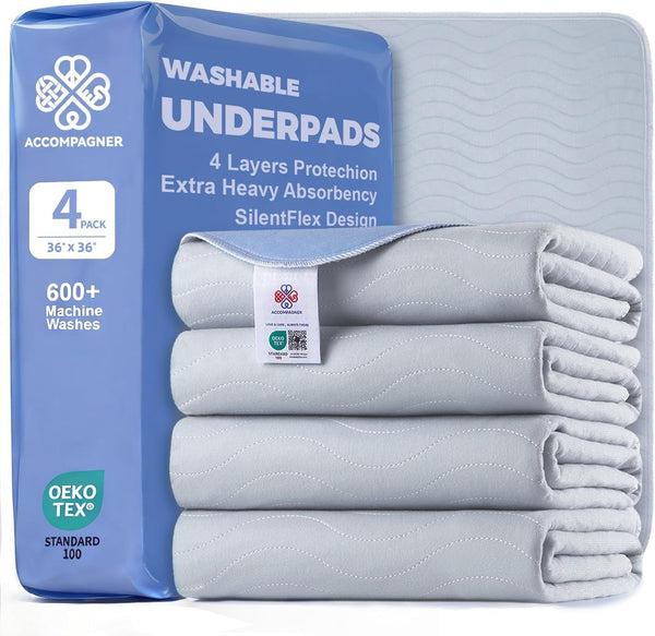 Accompagner Incontinence Bed Pads Washable Waterproof, Ultra-Absorbent Reusable Underpads for Diaper Changing, Nursing, Bedridden, Adults, Seniors, Kids and Dogs (Blue, 24"X24"(Pack of 6))26