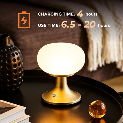 Cordless Mushroom Table Lamp - Stepless Dimming - 2700K Warm Light - Gold | Aluminum Base & Glass Shade - 150LM - Rechargeable Table Lamp for Bedroom,Living Room,Dining Table7