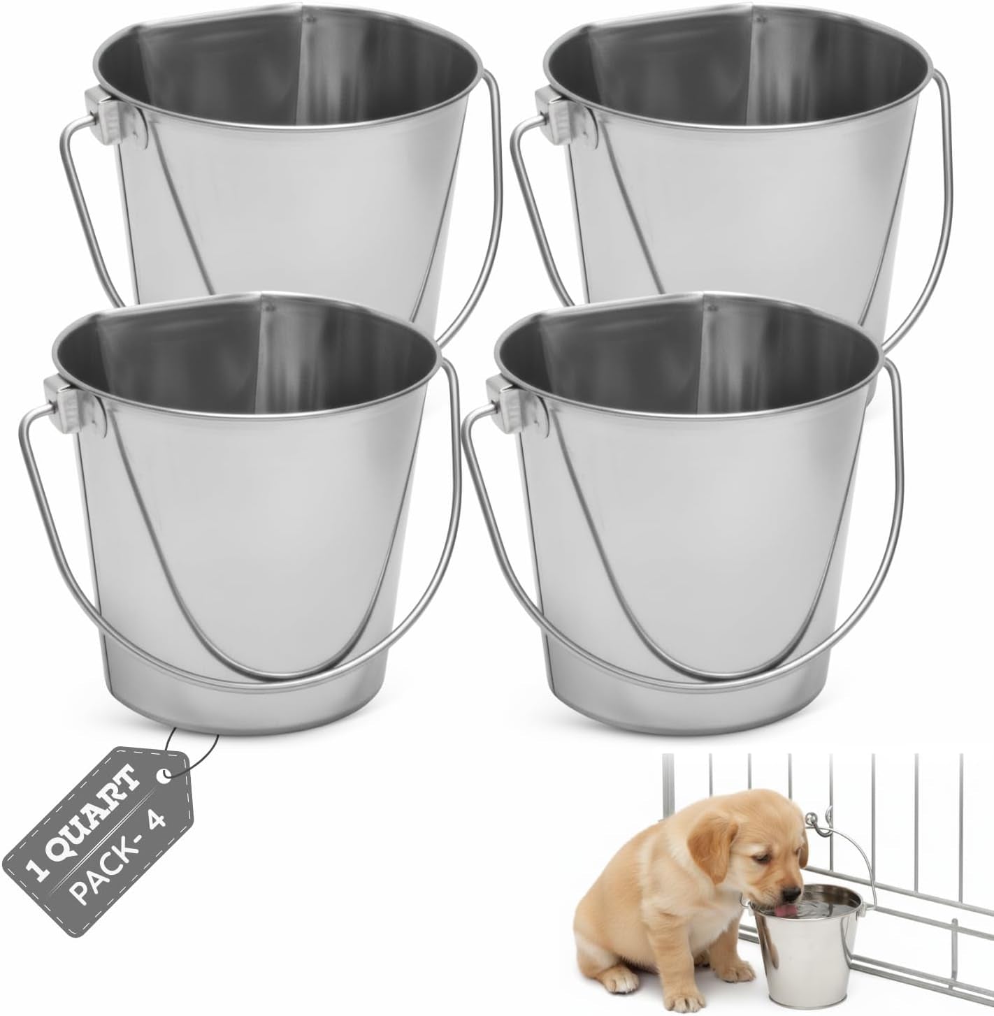 flat-side-stainless-steel-bucket-2-quart-hanging-feeding-utility-pail-for-small-dog-cat-birds-fits-kennel-cage-compatible-heavy-duty-food-water-feeder-0-5-gallon-silver-bucket-4-pack