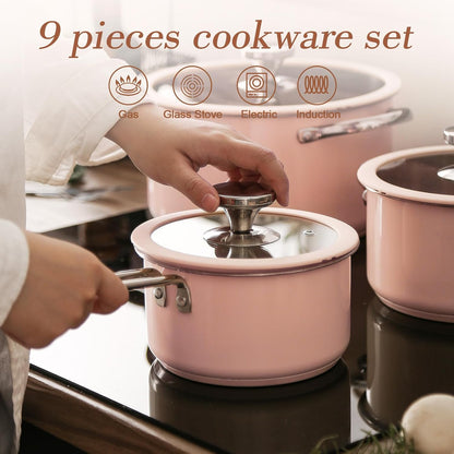 9Pcs Stainless Steel Cookware Set for Family Kitchen, 304 Grade, Ceramic Coated Exterior, Induction Compatible Pots and Pans with Glass Lids, Non-Toxic & Easy to Clean,Pink5