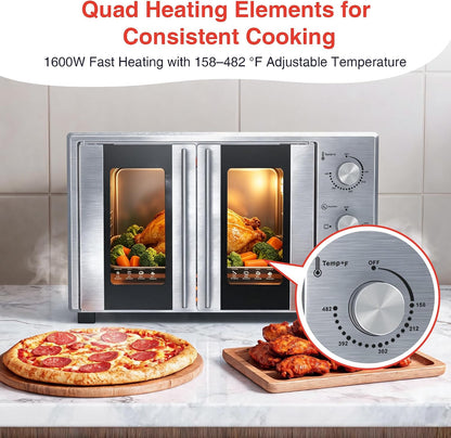 40.1QT XL French Door Countertop Oven, 1600W Extra Large Toaster Oven with 3 Intuitive Knobs, Infared Even Heating for 12" Pizza & Whole Chicken, Easy to Use, Stainless Steel (Silver)8