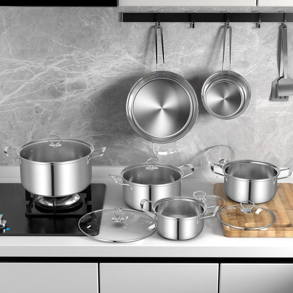 12 Piece Pots & Pans Set, Stainless Steel Cookware Set with Tempered Glass Lids, Handles & 3-Ply Base, 4 Stockpots, 1 Frying Pan & 1 Sauce Pan for Stovetop, Induction, Halogen2