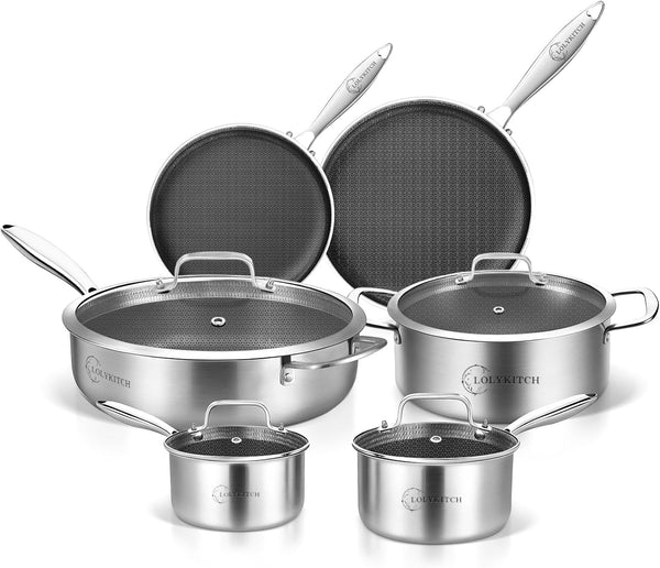 Frying Pan Set Nonstick | 10-Piece Stainless Steel Cookware Set | Professional Non-Toxic | Pfoa-Free Pans for Everyday Cooking | Detachable Handle | Induction & Oven Safe ﻿ ﻿1