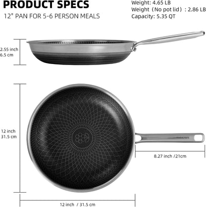 12 Inch Hybrid Honeycomb Nonstick Skillet with Lid, Stainless Steel Pan, Stay-Cool Handle, PFOA PFOS Free Non Toxic, Induction, Dishwasher & Oven Safe 437°F All Cooktops4