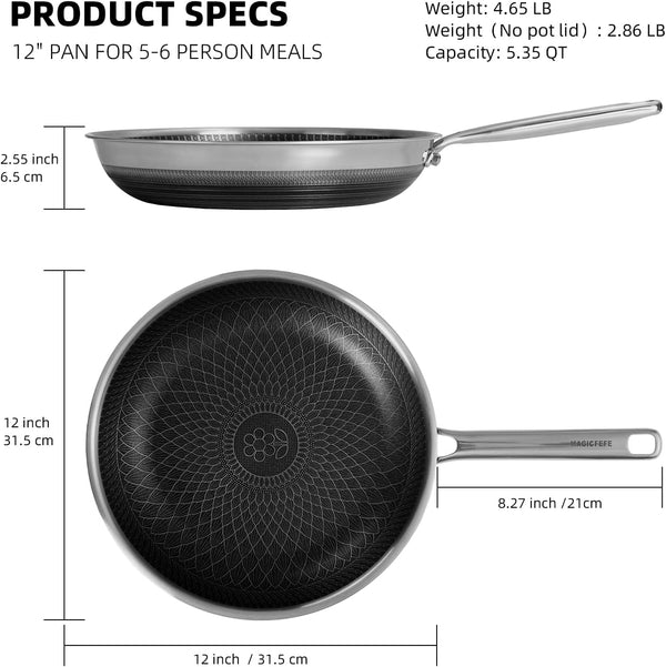 12 Inch Hybrid Honeycomb Nonstick Skillet with Lid, Stainless Steel Pan, Stay-Cool Handle, PFOA PFOS Free Non Toxic, Induction, Dishwasher & Oven Safe 437°F All Cooktops4