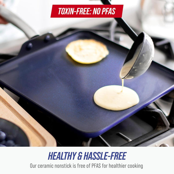 11" Diamond Infused Ceramic Nonstick Square Griddle Pan, Blue | Pfas-Free Ceramic Nonstick, Dishwasher & Oven Safe, Stay Cool Handle, Durable Metal Utensil Safe, Pancake Pan3
