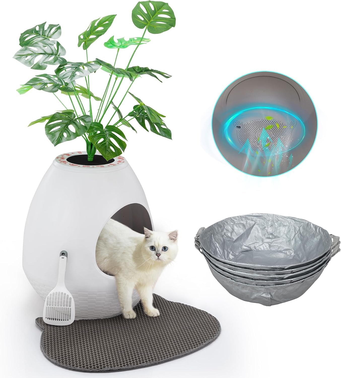 eggloa6-hidden-cat-litter-box-with-artificial-plants-odor-removal-system-egg-shaped-enclosure-includes-scoop-3pcs-liners-secret-discreet-furniture-diy-assembly-cat-litter-box-cabinet-brown