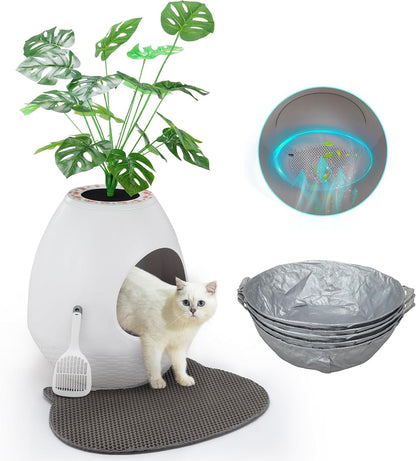 Eggloa6 Hidden Cat Litter Box with Artificial Plants ＆ Odor Removal System, Egg-Shaped Enclosure Includes Scoop ＆3PCS Liners Secret, Discreet Furniture, DIY Assembly Cat Litter Box Cabinet (Brown)11